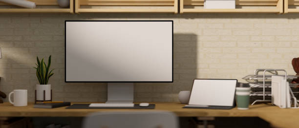 istock Modern and wooden cozy home workplace with computer mockup, Digital tablet mockup 1352167999