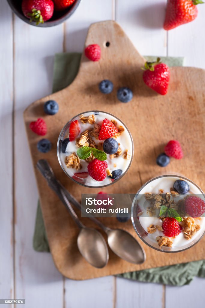 Berry Perfect Berry Parfait with Yogurt, Raspberry, Strawberry and Blueberry Yogurt Stock Photo