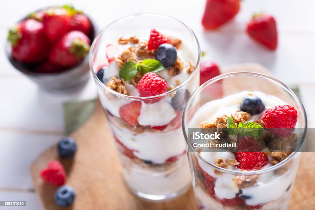 Berry Perfect Berry Parfait with Yogurt, Raspberry, Strawberry and Blueberry Parfait Stock Photo