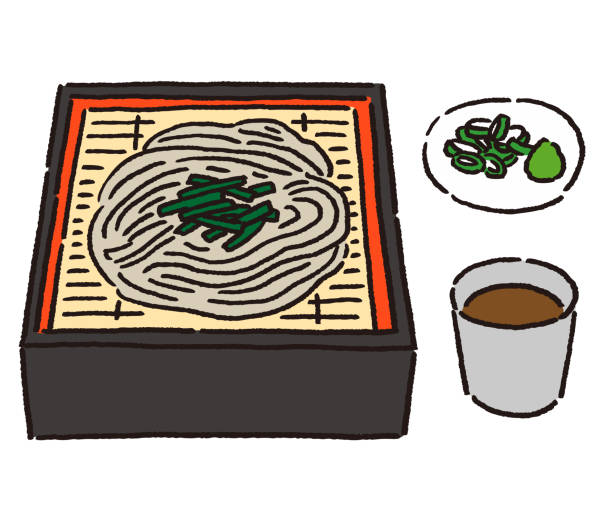ilustraciones, imágenes clip art, dibujos animados e iconos de stock de zaru soba con salsa soba y condimentos - japanese cuisine soy sauce food bonito