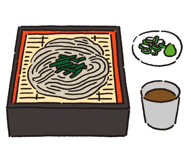 Vector illustration of Zaru Soba with Soba sauce and condiments