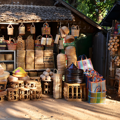 Wicker baskets, Straw hat,  Asian market of bamboo crafts shop