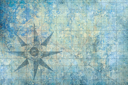 A compass rose on a blank map with a grid of latitude and longitude lines.