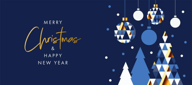 ilustraciones, imágenes clip art, dibujos animados e iconos de stock de feliz navidad y feliz año nuevo banner, tarjeta de felicitación, póster, portada de vacaciones, encabezado. diseño moderno de navidad en estilo geométrico con patrón triangular - christmas ornament christmas blue decoration