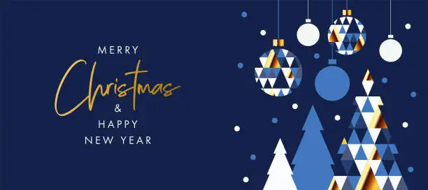 Vector illustration of Merry Christmas and Happy New Year banner, greeting card, poster, holiday cover, header. Modern Xmas design in geometric style with triangle pattern