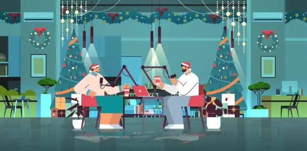 Vector illustration of podcasters in santa hats talking to microphones recording podcast in decorated studio new year christmas holidays celebration