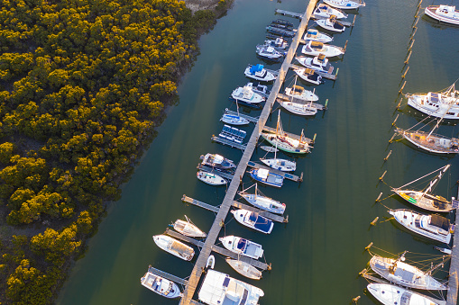 Aerial photograph of boats on moorings in Tyabb on the Mornington Peninsula as captured as sunset.