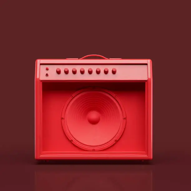 Photo of Monichrome red color Guitar Amp for Stage, Studio and Practice,  sound amplify, front view, 3d rendering
