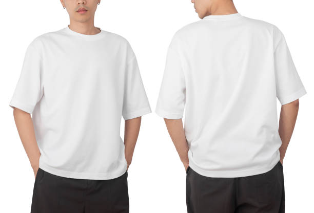 istock Young man in blank oversize t-shirt mockup front and back used as design template, isolated on white background with clipping path 1352181749