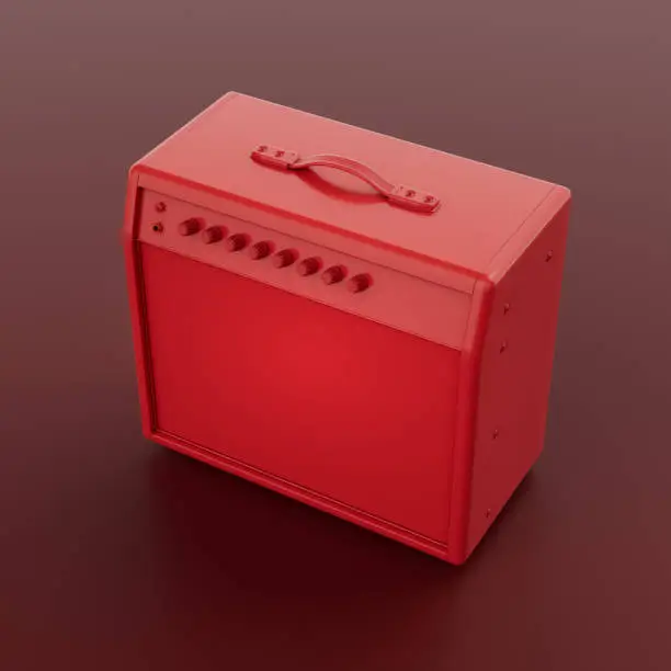 Photo of Monichrome red color Guitar Amp for Stage, Studio and Practice,  sound amplify, top view, 3d rendering