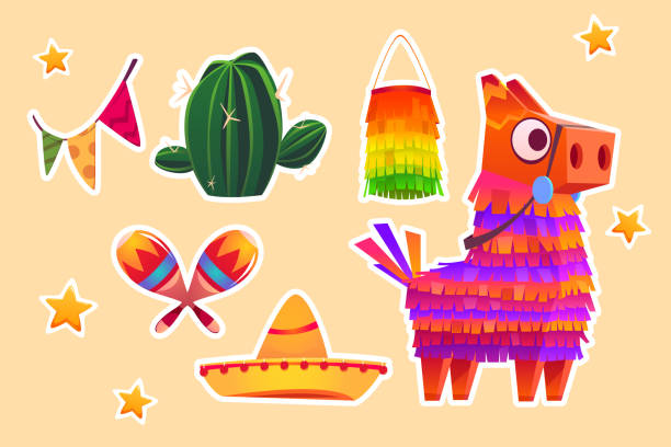 Set of stickers Mexican pinata donkey, cactus Set of stickers Mexican pinata donkey, colorful toy with treats, cactus, maracas, sombrero and flag garland for child birthday. Viva Mexico party celebration, carnival or fiesta Cartoon vector patches mexico poland stock illustrations