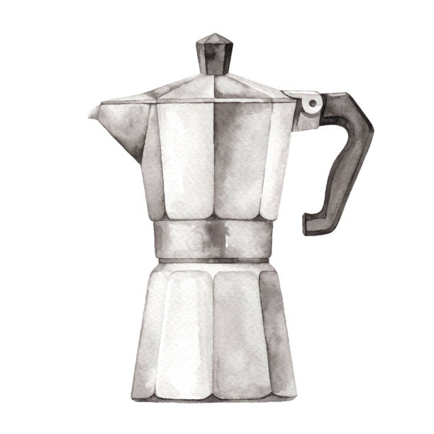 ilustraciones, imágenes clip art, dibujos animados e iconos de stock de acuarela moka pot cafetera - espresso coffee coffee maker italian culture