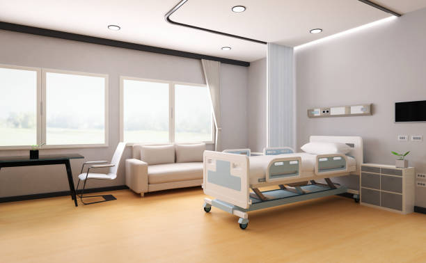 hospital interior in recovery or inpatient room 3d rendering hospital interior in recovery or inpatient room with bed and amenities inpatient stock pictures, royalty-free photos & images
