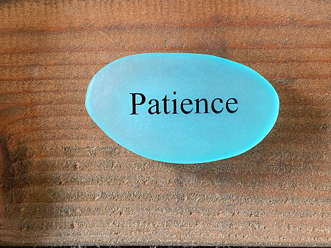 engraved stone rock with the word PATIENCE on Wood background