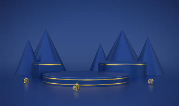 istock Blue round and cube podium. Scene and 3D platform with gold circle, balls and pine cone trees on blue background. Blank Pedestal concept. Advertising design. Show and sale template. Realistic vector. 1352190196