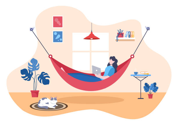 ホームフラット漫画ベクトルイラストでハンモックに横たわっている人々。2つの壁の間の夏休み屋外ピクニック - hammock relaxation palm tree outdoors点のイラスト素材／クリップアート素材／マンガ素材／アイコン素材