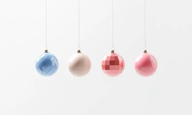 Minimal set of Christmas balls background. Festive xmas decoration bauble and glitter. 3d render.