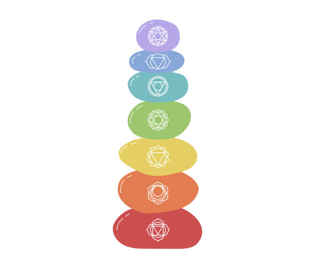 ilustrações, clipart, desenhos animados e ícones de chakras. equilíbrio de pedras. muladhara, swadhisthana, manipura, anahata, vishuddha, ajna, sahasrara. símbolo da linha vetorial. ícone sacral - vishuddha