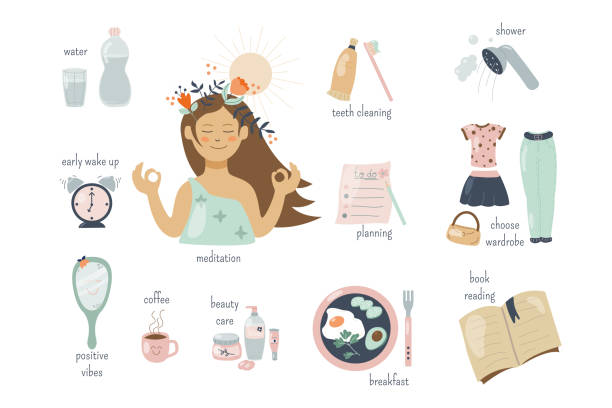 ilustrações de stock, clip art, desenhos animados e ícones de women daily habits. morning routine infographics icons. - clock face illustrations