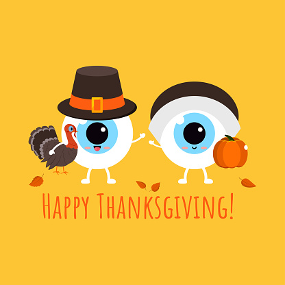 Thanksgiving eyes boy and girl in pilgrim hat with pumpkin and turkey in hand. Cute eyeball in carnival costume - ophthalmology character for card. Flat design cartoon style vector illustration