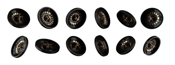 пакет современного колеса черно-золотой рулетки на белом - 3d иллюстрация - roulette roulette wheel wheel isolated стоковые фото и изображения