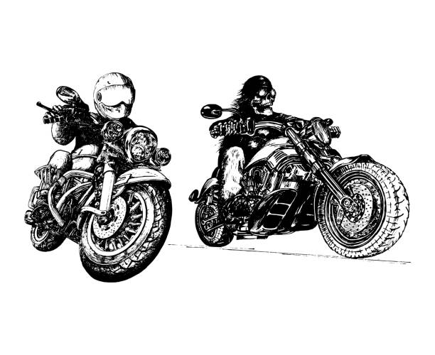 ilustraciones, imágenes clip art, dibujos animados e iconos de stock de ilustración motero vintage en vector. piloto esqueleto en motocicleta, boceto dibujado a mano. se utiliza para el cartel del club de motos, el letrero de mc, la etiqueta del garaje. - motorcycle isolated speed motorcycle racing