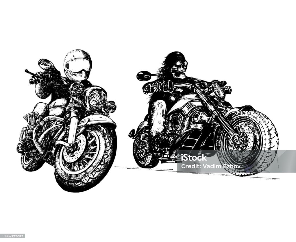 Vintage biker illustration in vector. Skeleton rider on motorcycle, hand drawn sketch. Used for motorbike club poster, MC sign, garage label. Motorcycle stock vector