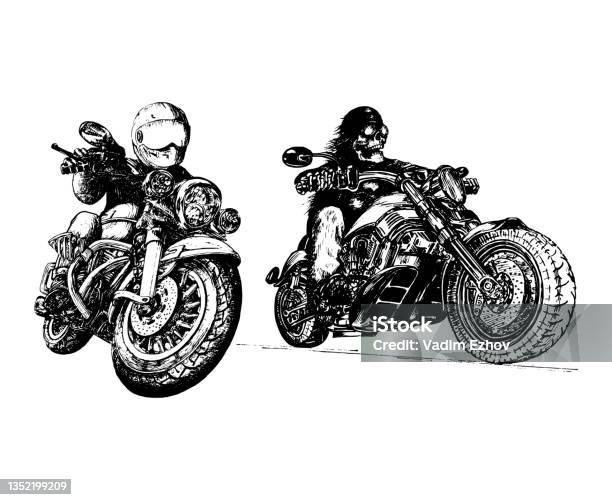 Vintage Biker Illustration In Vector Skeleton Rider On Motorcycle Hand Drawn Sketch Used For Motorbike Club Poster Mc Sign Garage Label Stock Illustration - Download Image Now