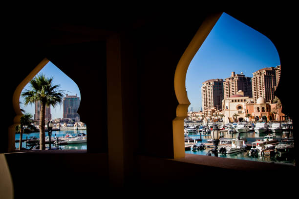 Doha,Qatar01/27/2016-The marina waterfront walkway at the Pearl in Doha, Qatar, with shops and restaurants