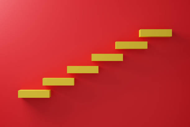 istock Yellow block stack as stair step on red background. Success, climbing to the top, Progression, business growth concept. 3D Render Illustration. 1352202497