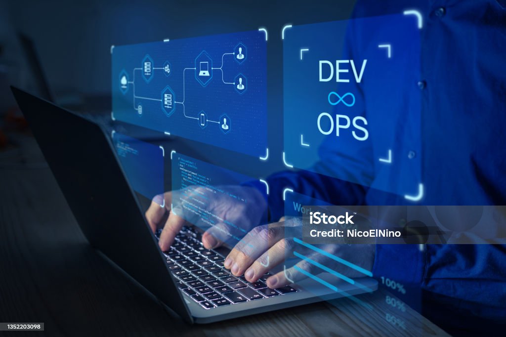 DevOps software development and IT operations engineer working in agile methodology environment. Concept with dev ops icon on computer screen and project manager, coder or sysadmin typing on keyboard. Devops Stock Photo
