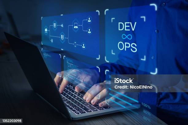 Devops Software Development And It Operations Engineer Working In Agile Methodology Environment Concept With Dev Ops Icon On Computer Screen And Project Manager Coder Or Sysadmin Typing On Keyboard Stock Photo - Download Image Now