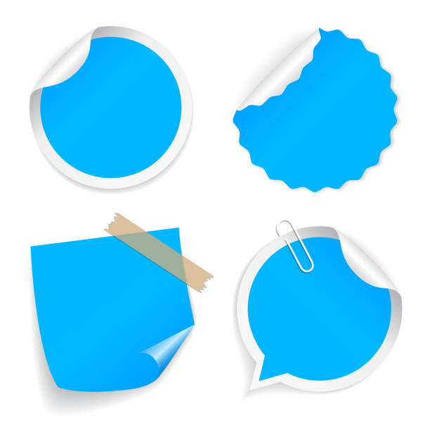 ilustraciones, imágenes clip art, dibujos animados e iconos de stock de conjunto de pegatinas vectoriales, papeles de notas adhesivas azules - adhesive note blue sticky blank