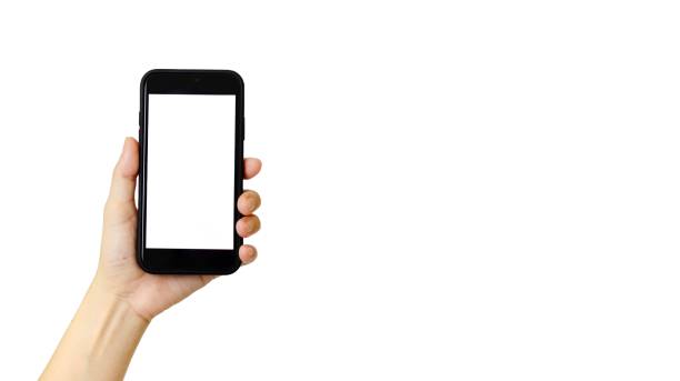 istock Hand holding smartphone isolated on white 1352208910