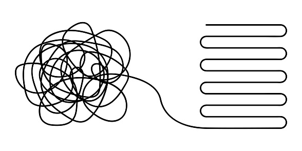 Chaos and order abstract minimalist concept vector illustration. Metaphor of disorganized difficult problem, mess with black single continuous tangle thread in need of unraveling isolated on white
