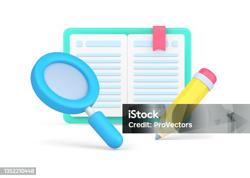 istock Reading book with magnifying glass and pencil for excretion important information 3d icon isometric 1352210448