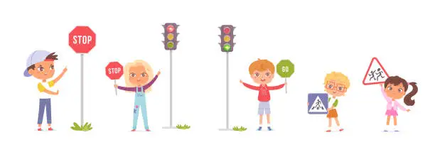 Vector illustration of Group of preschool children studying traffic rules, holding road signs in their hands, traffic without stopping is prohibited, pedestrian crossing, attention children, crossing the road at permitting traffic light.