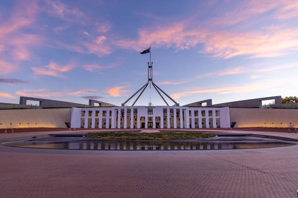 a sunset wide view of federal parliament house at canberra a sunset wide view of federal parliament house at canberra in the act, australia canberra photos stock pictures, royalty-free photos & images