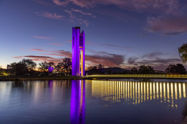 dusk view of the national carillon on the shore of lake burley griffin at canberra dusk view of the national carillon on the shore of lake burley griffin at canberra in the act, australia canberra photos stock pictures, royalty-free photos & images