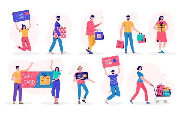 banner with people holding voucher, coupon or gift card. characters with shopping discount certificate. business concept for season shop sale, loyalty program, bonus, promotion. vector illustration - 平價店 插圖 幅插畫檔、美工圖案、卡通及圖標