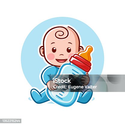 istock Baby nutrition. Cute little baby with baby milk bottle. Isolated vector illustration 1352215244