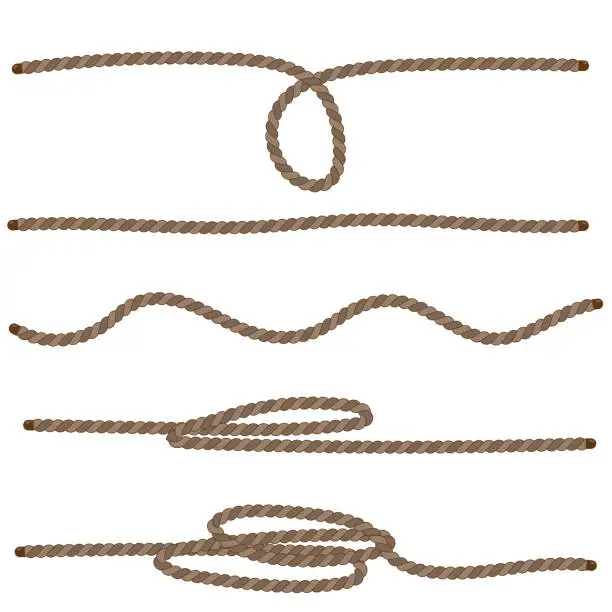 Vector illustration of Braun natural jute rope set vector illustration. Twine collection isolated on white background. Packthread clipart.