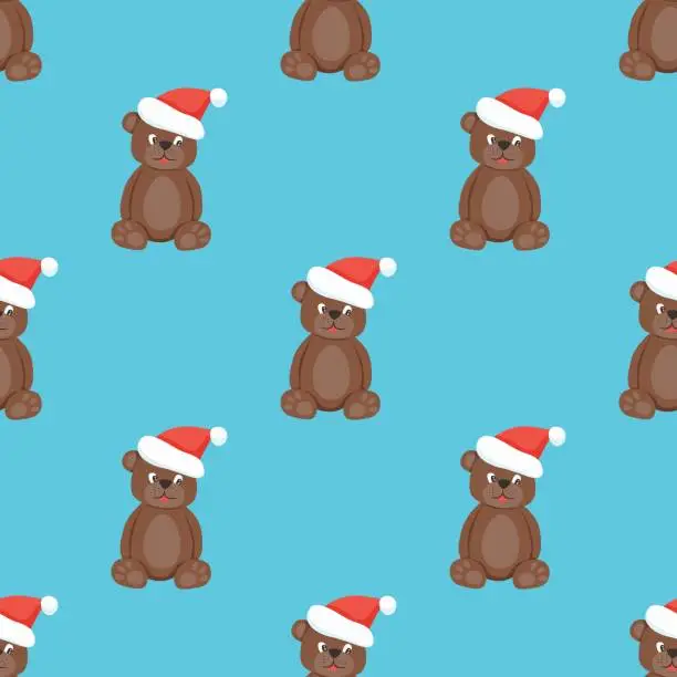 Vector illustration of Seamless pattern of a bear in a Santa Claus hat on a blue background. Flat vector illustration