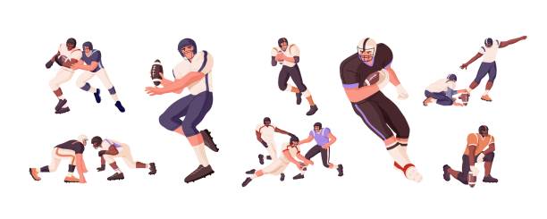 stockillustraties, clipart, cartoons en iconen met rugby players set. athletes playing with ball. men in helmets catching, throwing, tackling, attacking during american football, sports game. flat vector illustrations isolated on white background - rugby scrum