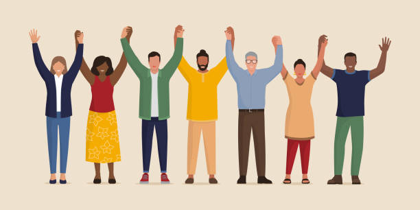 Happy people standing together and holding hands Happy diverse multiethnic people standing together holding hands, unity is power and togetherness concept civil rights stock illustrations