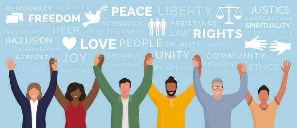 ilustrações de stock, clip art, desenhos animados e ícones de happy people standing together and holding hands - protests human rights