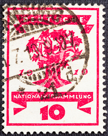 Cancelled postage stamp printed by Germany, that shows Tree, celebrating of Opening of the National Assembly, Weimar: Symbols, circa 1919.