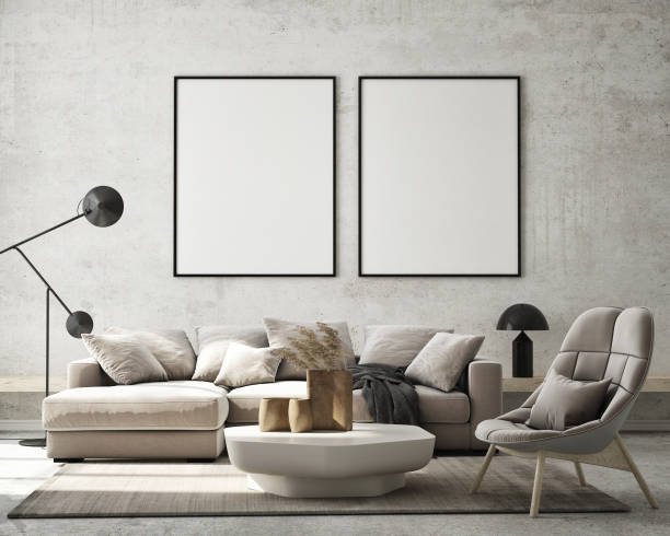 istock mock up poster frame in modern interior background, living room, Scandinavian style, 3D render, 3D illustration 1352225088