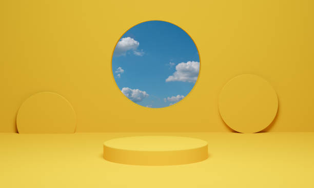 istock 3d rendering. Abstract yellow background scene minimal geometric with cloud blue sky. 1352227433