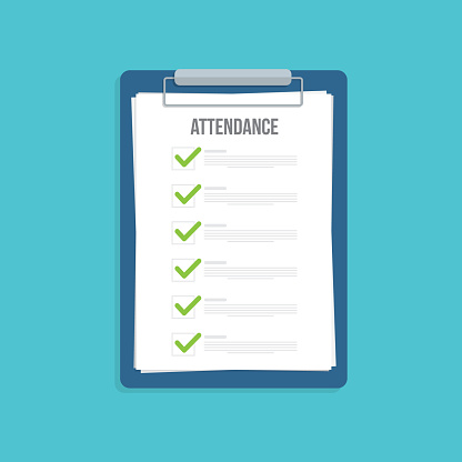 Attendance clipboard with checklist. Questionnaire, survey, clipboard, task list. Flat design, vector illustration